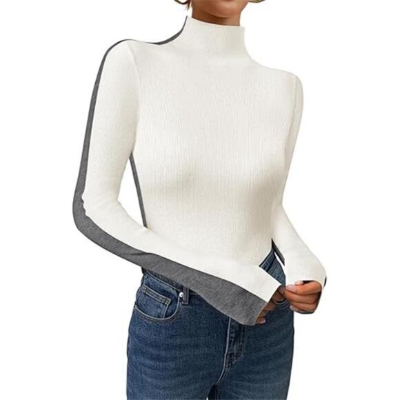 Women's Fall Mock Neck Sweaters - Long Sleeve Color Block Ribbed Knit Pullover - Picture 2 of 7